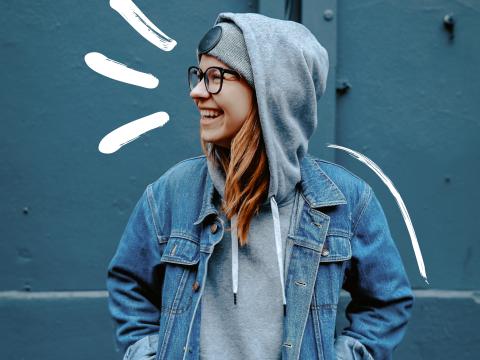 Woman in blue talking