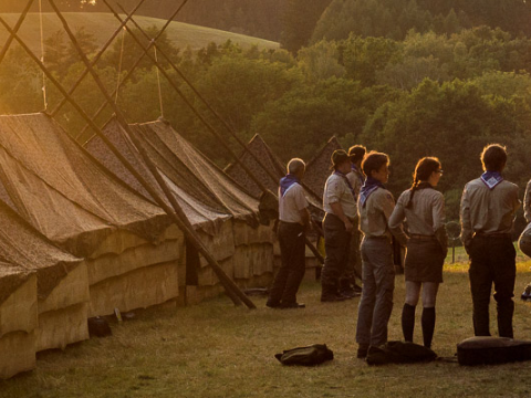 Young scouts group in a camp.