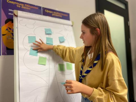 Anna, a Ukrainian Scout leader, prepares a game to introduce them to Scouting concepts and values.