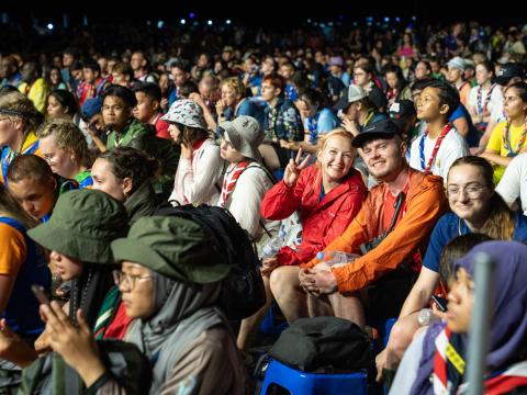 Volunteers from the International Service Team (IST) gather before participants arrive at the World Scout Jamboree