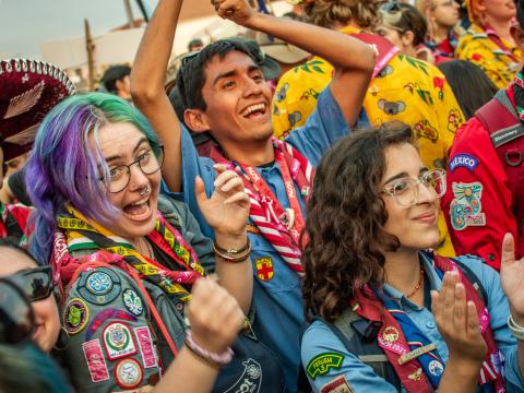 Scouts cheering at the World Scout Moot