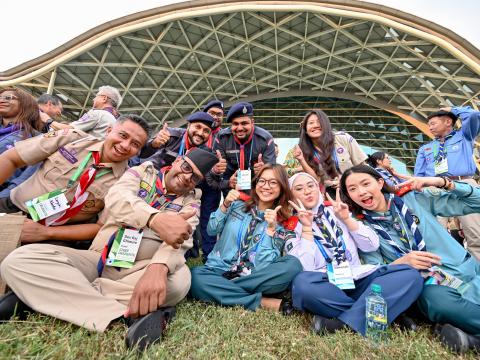 Scouts smile outside the KEC at the APR Scout Conference