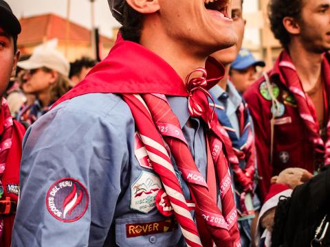 Rover from Peru singing at the opening ceremony of the 16th World Scout Moot at Cortegaça