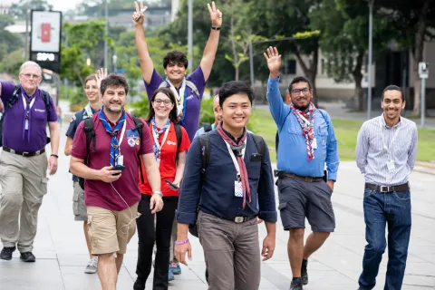 A group of excited Scouts approach the venue of the World Non-Formal Education Forum in Rio de Janeiro, Brazil.