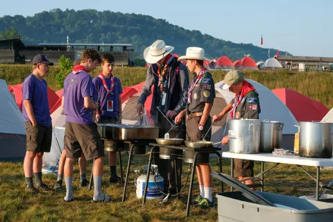 Scouts cook and camp together at the 24th World Scout Jamboree in Summit Bechtel Reserve, West-Virginia, USA