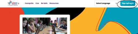 The header of jotajoti.info has the button for participants to log in or register for JOTA-JOTI