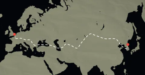 Map with line drawing the route from France to South Korea.