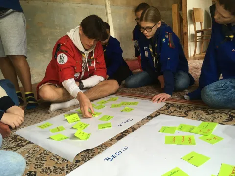 Belgian Scouts use post its to differentiate needs and desires as part of a human rights activity.