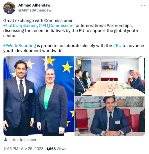 Tweet by Ahmad Alhendawi, Secretary General of the World Organization of the Scout Movement (WOSM) about his meeting with Jutta Urpilainen, European Commission Directorate for International Partnerships