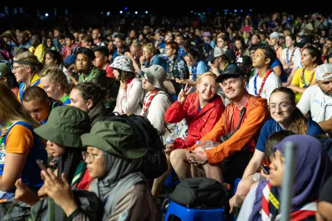 Volunteers from the International Service Team (IST) gather before participants arrive at the World Scout Jamboree