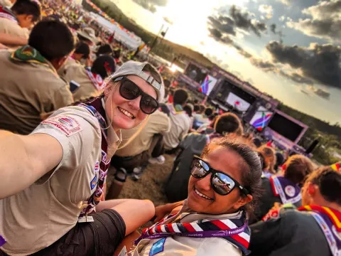 Hannah Kentish and a Scout friend take a photo before a show at the main stage of the World Scout Jamboree in West Virginia, USA (2019)