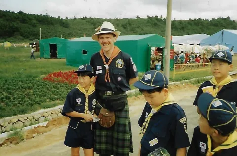 Graeme Hamilton from the UK at the 1991 World Scout Jamboree in Seoraksan National Park, South Korea