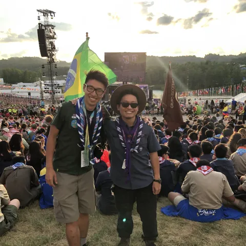 Eric Takiy from Brazil has attended an incredible four World Scout Jamborees! Here he is with a friend at the 2019 World Scout Jamboree in the USA