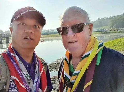 Edward Loh attended the World Scout Jamboree in the United States of America in 2019 where he met Lord Michael Baden-Powell, grandson of Scouting founder Lord Robert Baden-Powell, pictured here.