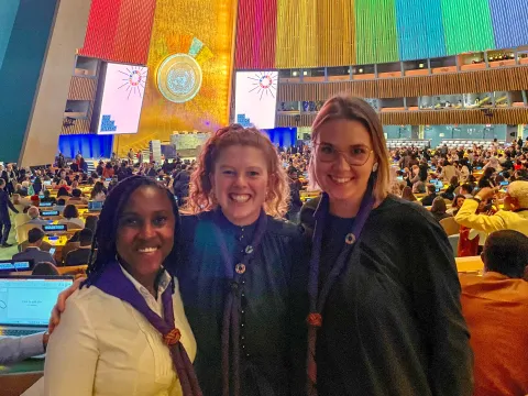 Three World Scouting Youth Representatives, from Kenya, Lithuania and Australia, take a picture in the United Nations General Assembly