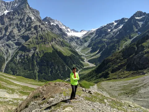 The white patch on the mountains behind me is what remains of the Kanderfirn glacier, which has been receding for decades due to excessive heat.