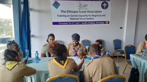 Ethiopian Scouts work on a gender equality project in their scout centre