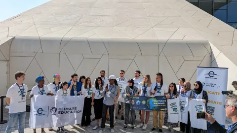 WOSM Youth Representative participates in a press conference with the #Education4Earth Coalition calling for climate education to be implemented during COP28