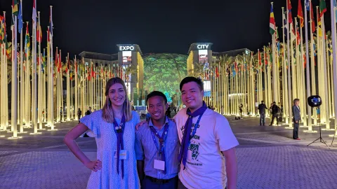 Youth Representatives Kek, Laura and Lucas advocated for climate action on behalf of Scouts during the COP28 climate change conference in the United Arab Emirates