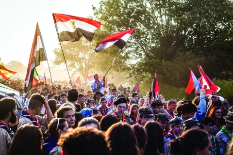 Central European Jamboree public waving flags.