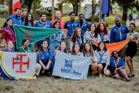 Group picture of Scouts from Lebanon, France, Rwanda and Tunisia.