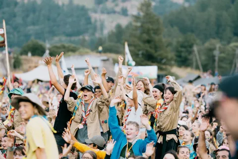 Scouts cheering at MOVA 2022 in Switzerland.