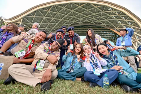 Scouts smile outside the KEC at the APR Scout Conference