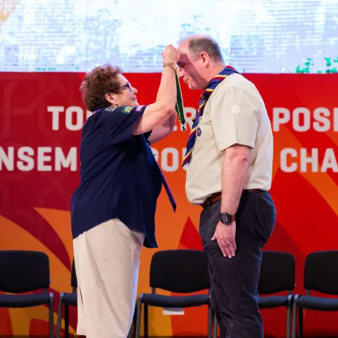 Scout receiving a Bronze Wolf Award