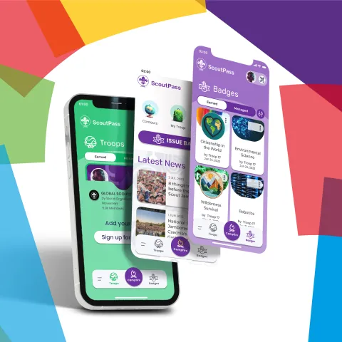 Phone mockup showing screens in ScoutPass app.