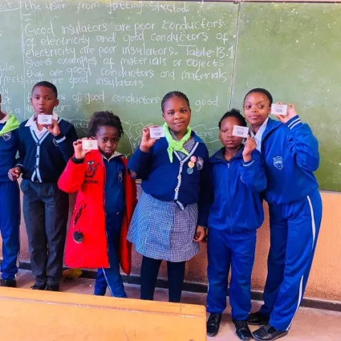 Young Scouts hold up cards